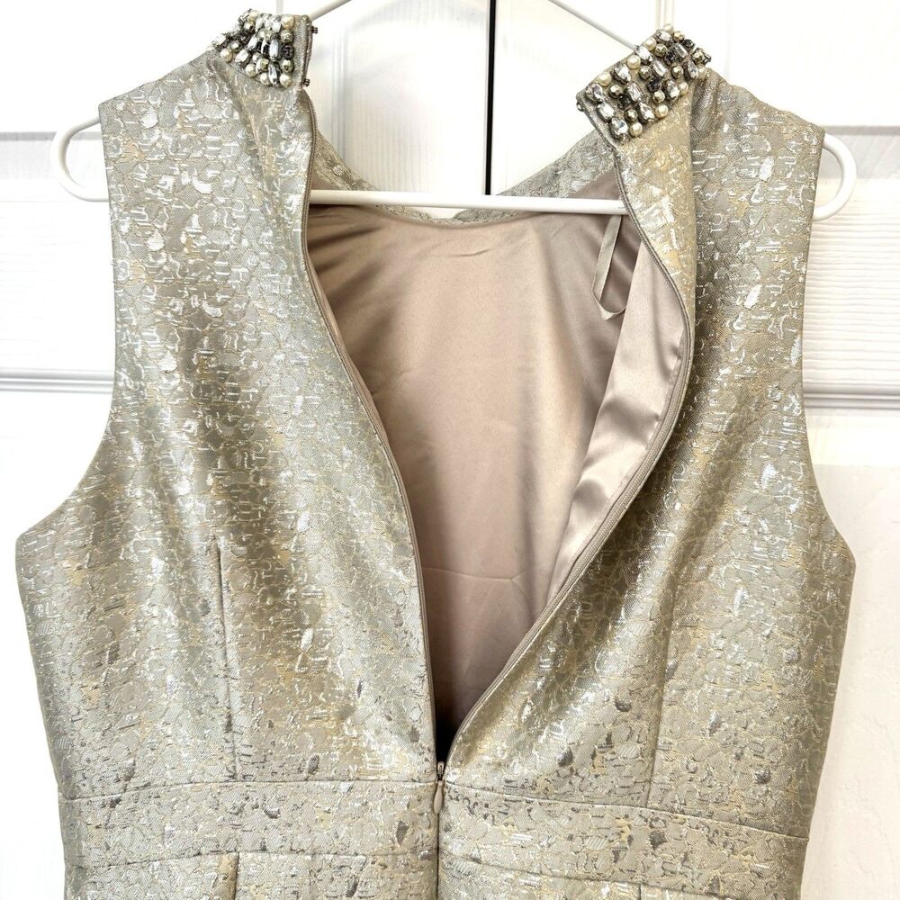 Eliza J Gold Metallic Jacquard Fit & Flare Cocktail Party Dress Beaded Sz 14 - Picture 9 of 10